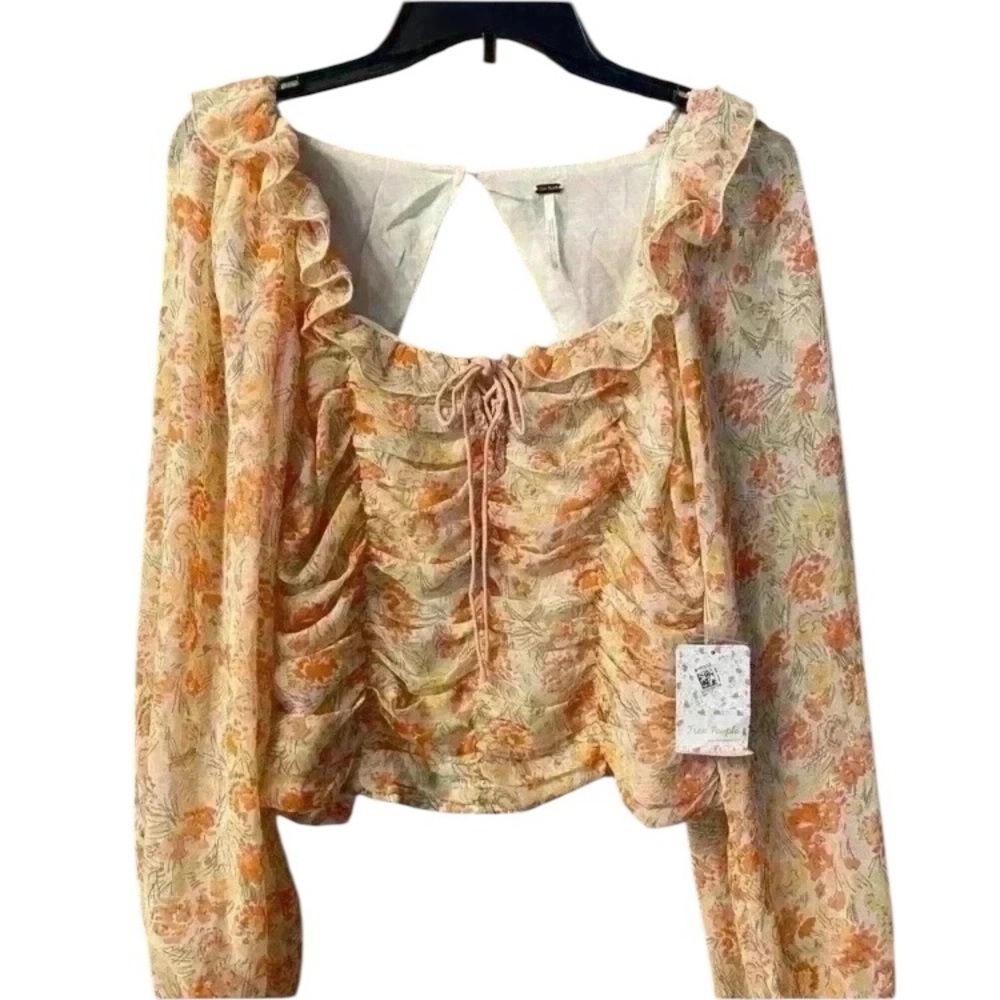 Free people Women's long sleeve crop ruffle feminine floral orange blouse XS-S